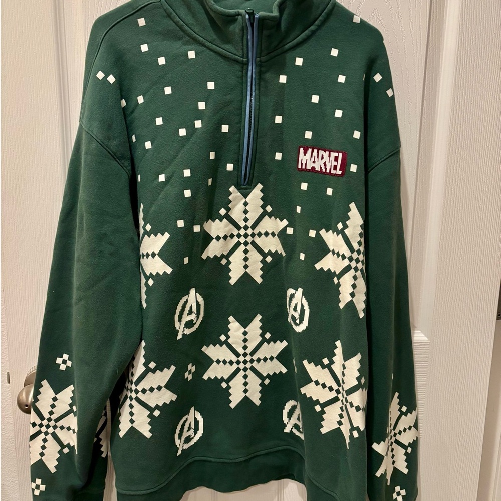 Marvel Men's Green Zip-Up Sweatshirt with White Snowflake Accents